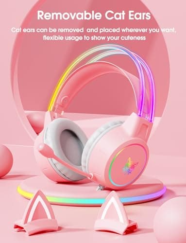Lightweight Gaming Headset with Detachable Cat Ears, RGB Lighting, Wired Over Ear Headphones with Mic for PC, PS4, PS5, Xbox, Switch, Stereo Surround Sound, Self-Adjusting Headband