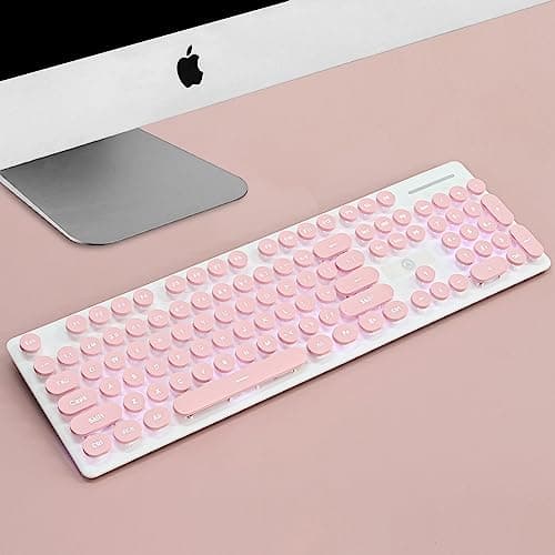 Wired Quiet Membrane Keyboard,Full Size 104-Keys Retro Punk Typewriter White LED Backlit ，USB Ultra Slim Gaming Keyboard with ABS Round keycaps for Windows/PC/Laptop (Pink)