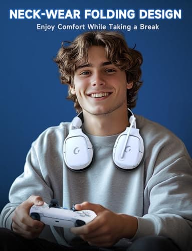 2.4GHz Wireless Gaming Headsets for PS5, PS4, PC, Switch - Bluetooth 5.3 Gaming Headphones with Noise Canceling Mic, 7.1 Surround Sound, 70H Battery, Blue Lighting - White