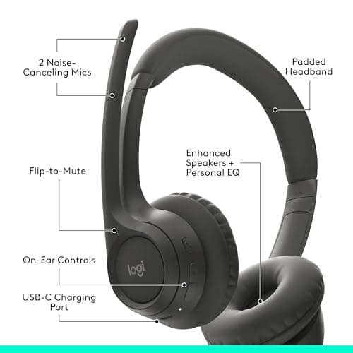 Logitech Zone 301 Wireless Bluetooth Headset with Noise-Canceling Microphone, Compatible with Windows, Mac, Chrome, Linux, iOS, iPadOS, Android – Graphite