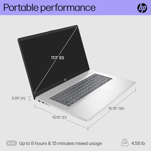 HP 17.3 inch Laptop, FHD Display, AMD Ryzen 5 7520U, 16 GB RAM, 512 GB SSD, AMD Radeon Graphics, Windows 11 Home, 17-cp2099nr (2024)
