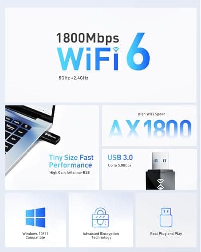 USB WiFi Adapter for PC Desktop - WiFi 6 AX1800Mbps 5GHz 2.4GHz USB 3.0 Wireless Wi-Fi Network Adapter for Desktop Computer Laptop with High Gain Wi-Fi Antenna Supports Win11/10