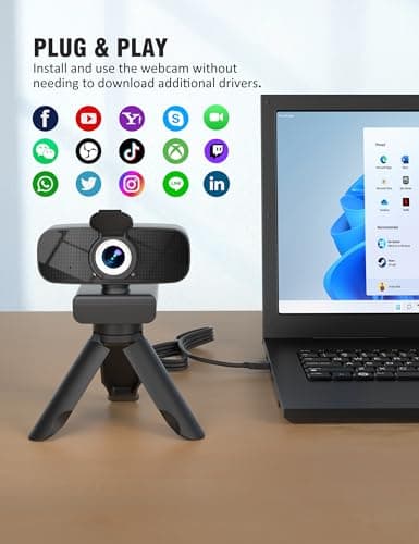 Full HD 1080P Webcam with Microphone and Rotatable Tripod, Light Correction, Wide Angle and Plug and Play Video Camera for Desktop PC or Laptop