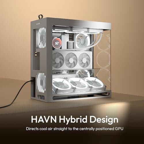 HAVN HS 420 VGPU Dual-Chamber Mid Tower ATX PC Case White | PCIe 5.0 Vertical GPU Kit, 11x 140mm Fan Slots & 2X 420mm Radiator Support, SimpliCable Cable Management, Tempered Glass, PWM Fan Hub