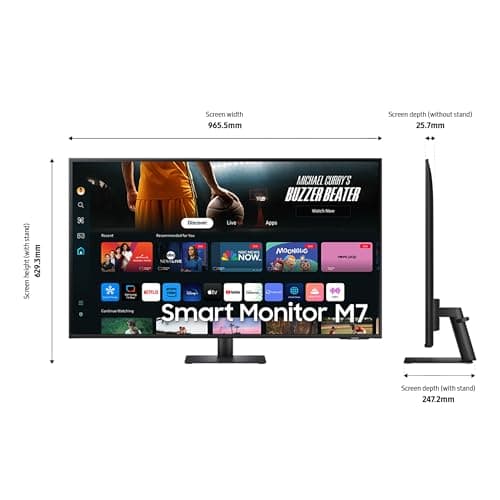 Samsung 43-Inch M7 (M70D) Series 4K UHD Smart Monitor, Speakers, HDR10, USB-C, Multiple Ports, Gaming Hub, SolarCell Remote, Vision Accessibility Tools, LS43DM702UNXGO, Black