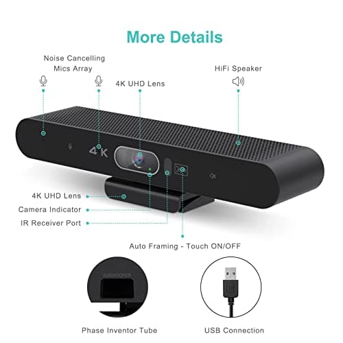 4K Pro Audio and Video Conference Room Camera with Remote Control for Windows TV, AI-Powered HD Webcam with Microphone & Speaker for Desktop Computer/PC/Monitor/Laptop/Teams/Zoom/Skype
