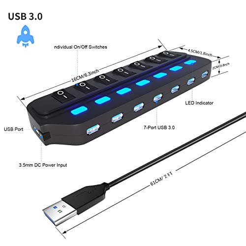 USB Hub 3.0, 7 Port USB Hub Splitter with Individual On/Off LED Switches, 5Gbps HighSpeed Data USB Extension for Laptop, iMac, USB Flash Drives, Mobile HDD, Printer, Camera and More