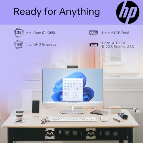 HP 27 i7 Business All in One Desktop, 27" FHD, Intel i7-1355U, 64GB RAM, 2TB SSD, Wired Keyboard & Mouse, IR Camera, HDMI, Wi-Fi 6, Windows 11 Pro, White with ADATA 512 External SSD Bundle