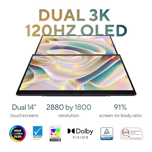 ASUS Zenbook DUO Laptop, Dual 14” OLED 3K 120Hz Touch Display, Evo, Intel Core Ultra 9 285H, Intel Arc Graphics, 32GB RAM, 1TB SSD, Windows 11, UX8406CA-PS99T