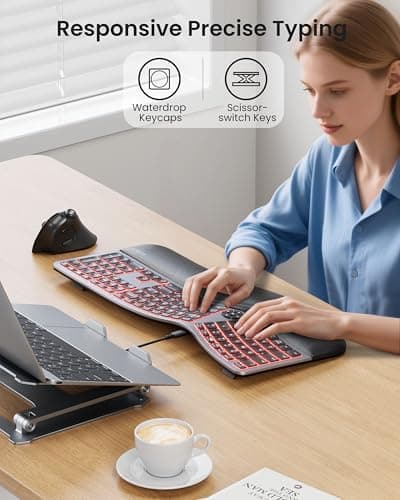 seenda 7-Color Backlit Wired Ergonomic Keyboard, KUW01 USB & Type-C Wired Split Keyboard, Cushioned Wrist Rest, Full Size with NumPad, Compatible for Windows, macOS, PC, Laptop, MacBook - Black Gray