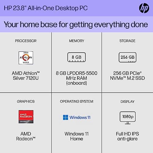 HP 23.8 inch All-in-One Desktop PC, FHD Display, AMD Athlon Silver 7120U, 8 GB RAM, 256 GB SSD, AMD Radeon Graphics, Windows 11 Home, 24-cr0010 (2023)