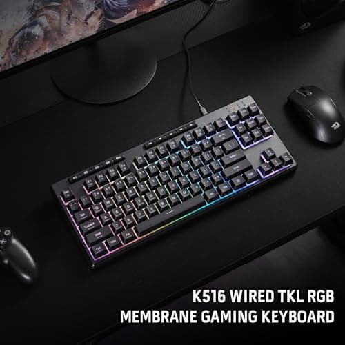 Redragon K516 Shiva TKL Wired RGB Membrane Gaming Keyboard, 87 Keys Mechanical-Feel Keyboard w/Smooth Linear Switch, On-Board Macro & Dedicated Multimedia Keys, 16.8M RGB Backlit, Software Supported
