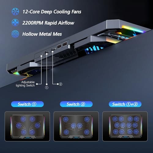 Laptop Cooling Pad with 12 Quiet Fans, Slim Portable for 12-17.3 Inch Laptop Cooler Stand with 5 Height Adjustable, Ergonomic Gaming Cooling Fan Pad with Two USB Ports & Phone Holder (Gear)
