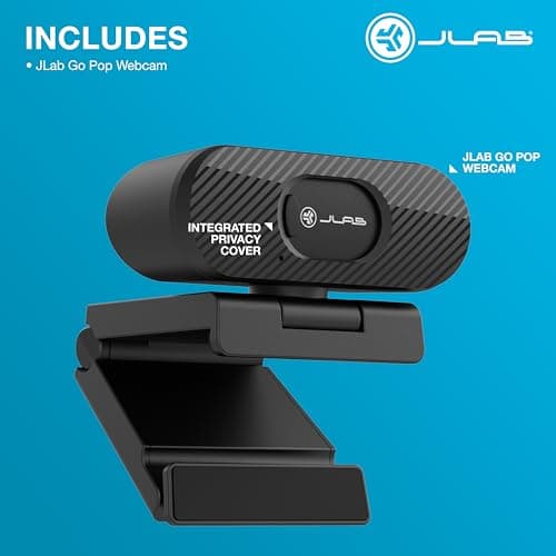 JLab Go Pop Cam USB HD Webcam, Black, 1080P/30 FPS, 2.1 Megapixels, Built-in Privacy Shutter, Minimalist Portable Set-up, Clip-on Design Compatible with PC, Mac and Chromebook