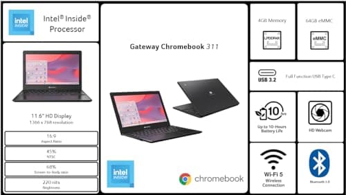 Acer Gateway Chromebook 311 CBO311-1H-C1MX Laptop | Intel Celeron N4500 | 11.6" HD (1366 x 768) Display | 4GB LPDDR4X | 64GB eMMC | Wi-Fi 5 802.11ac | Chrome OS | Star Black