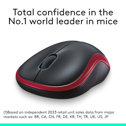 Logitech M185 Wireless Mouse, 2.4GHz with USB Mini Receiver, 12-Month Battery Life, 1000 DPI Optical Tracking, Ambidextrous, Compatible with PC, Mac, Laptop - Red