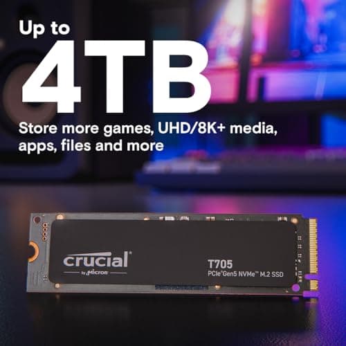 Crucial T705 1TB PCIe Gen5 NVMe M.2 SSD - Up to 13,600 MB/s - Game Ready - Internal Solid State Drive (PC) - +1mo Adobe CC - CT1000T705SSD3