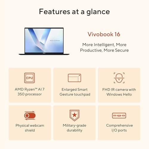 ASUS Vivobook 16 Laptop, Copilot+ PC, 16” WUXGA 60Hz Display, AMD Ryzen AI 7 350 with XDNA NPU, AMD Radeon Graphics, 16GB RAM, 1TB SSD, Quiet Blue, M1607KA-DS76