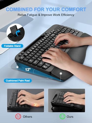 Ergonomic Wireless Keyboard with Cushioned Wrist Rest, Wave Keys, Phone Holder, Comfortable Natural Typing, 2.4GHz Full Size Silent Cordless USB Computer Keyboard for Laptop, Mac, Windows (Black)