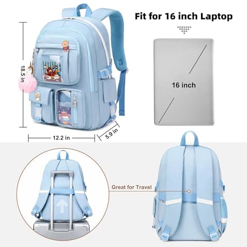 Laptop Backpacks 16 Inch School Bag College Backpack 3 PCS with Lunch Box Pencil Pouch Set Large Travel Daypack Kawaii Bookbags for Teens Girls Women Students (Blue)