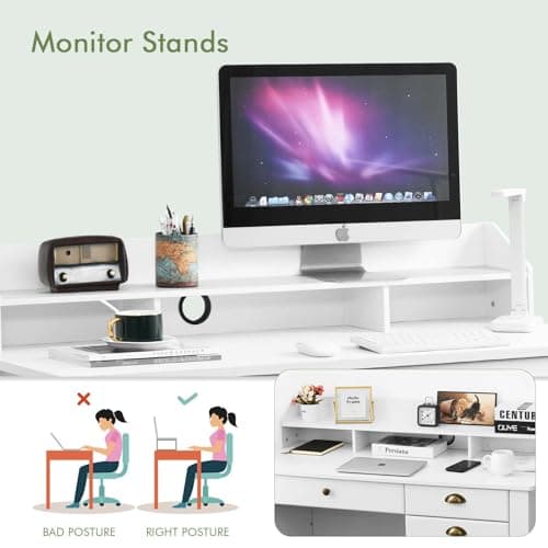 Catrimown Computer Desk with Drawers and Hutch, 47 Inch Home Office Desk with File Drawers, Student Girls Desks, Teens Writing Table with Hutch, Small Desk with Drawer for Bedroom, White