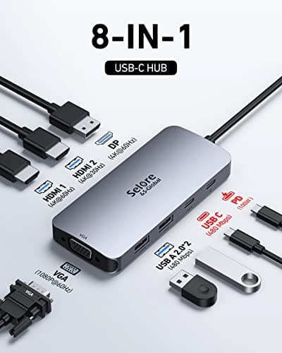 USB C Docking Station Dual HDMI Monitor Adapter, Selore USB C Hub 3 Monitors with Dual HDMI, Displayport, VGA, 100W PD Charging, 3USB 2.0 Ports Adapter for Dell XPS, HP, Lenovo, etc