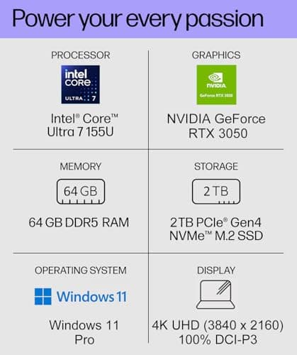 HP Envy 17 AI PC Laptop (17.3" 4K UHD (3840 x 2160), NVIDIA RTX 3050, Intel Core Ultra 7 155U (> i9-12900H), 64GB DDR5, 2TB SSD) for Business, Creator, Designer, IR Webcam, Wi-Fi 7, Win 11 Pro, 2025