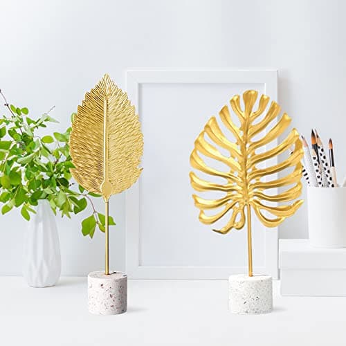 Gold Leaf Statues, Modern Metal Iron Art Crafts Sculpture Golden Leaves Sculpture with Base, Desktop Ornaments Home Office Figurine for Table Decor