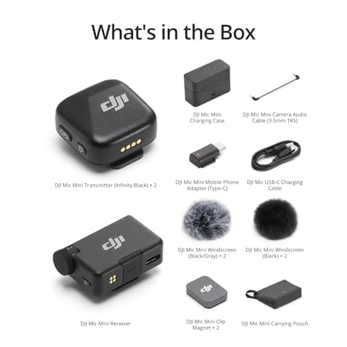 DJI Mic Mini (2 TX + 1 RX + Charging Case), Wireless Lavalier Microphone for iPhone/Camera/Android, Ultralight, Detail-Rich Audio, 48h Use, Noise Cancelling, Automatic Limiting, Vlog, Streaming