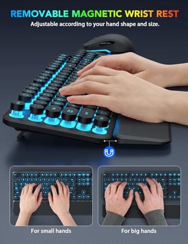 Wireless Keyboard and Mouse Backlit - Typewriter Keyboard with Detachable Wrist Rest, Retro Round Keycaps, Light Up Letters, 2.4G Cordless Combo for Mac, Windows, PC, Laptop, Trueque [2024 Upgraded]