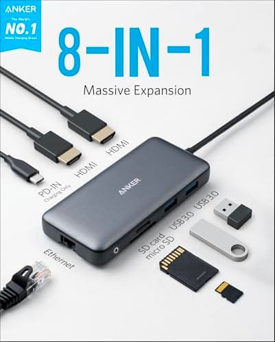Anker Laptop Docking Station Dual Monitor, 8-in-1 USB C Hub, 4K Dual Monitor with 2 HDMI, 1 Gbps Ethernet Hub, 85W Power Delivery, SD Card Reader for MacBook Pro, XPS and More
