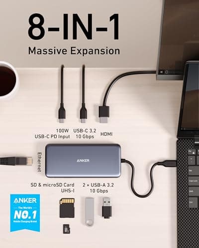Anker 555 USB-C Hub (8-in-1), with 85W Power Delivery, 4K 60Hz HDMI Port, 10Gbps USB C and 2 A Data Ports, Ethernet microSD SD Card Reader, for MacBook Pro More