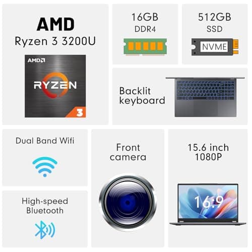EYY 2 in 1 Laptop Computer, 15.6" 16GB DDR4 512GB SSD Touchscreen Notebook, AMD Ryzen R3 3200U(Up to 3.5 GHz), Radeon Vega 3, 1920x1080 FHD Display, Windows 11 Pro, Wifi, BT5.1 RJ45, Blacklit Keyboard