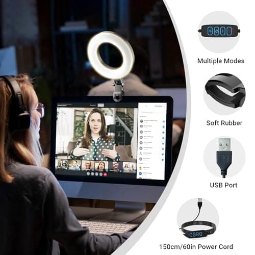Clip On Ring Light for Laptop, Video Conference Lighting with 3 Color Modes, Adjustable USB LED Light for Computer Monitor, Zoom Streaming, Teams Calls, TikTok Live Streaming