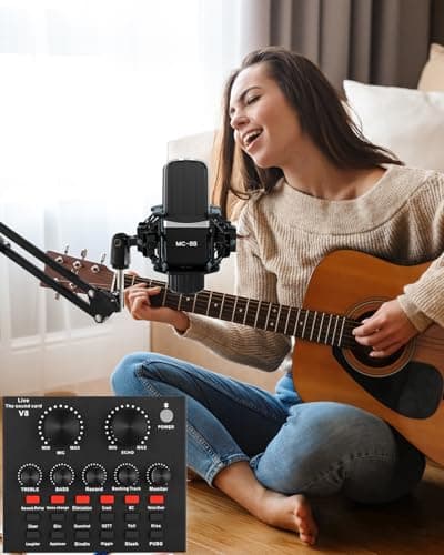 Podcast Equipment Bundle, All-in-One Audio Interface with Studio Condenser Microphone Perfect for Podcasting, Recording, Singing, Streaming and Gaming, PC, Smartphone, YouTube, TikTok (V8)
