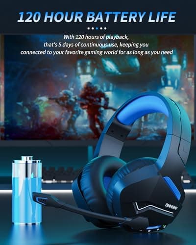 BINNUNE Wireless Gaming Headset with 2.4GHz for PS5, PS4, PC, Switch, FPS Gamers, 120Hrs+ Bluetooth 5.3 Gaming Headsets with Noise Canceling Mic, 50MM Headphones for Laptop, Mobile, Mac (Blue)