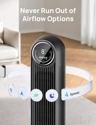 Dreo Tower Fan for Bedroom, 25ft/s Velocity Quiet Floor Fan, 90° Oscillating Fans for Indoors with 4 Speeds, 4 Modes, 8H Timer, Standing Fans, Bladeless Fan, Black, Nomad One (DR-HTF007)