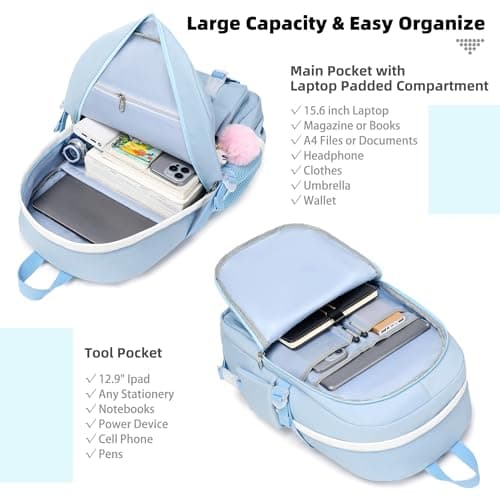 Laptop Backpacks 16 Inch School Bag College Backpack 3 PCS with Lunch Box Pencil Pouch Set Large Travel Daypack Kawaii Bookbags for Teens Girls Women Students (Blue)
