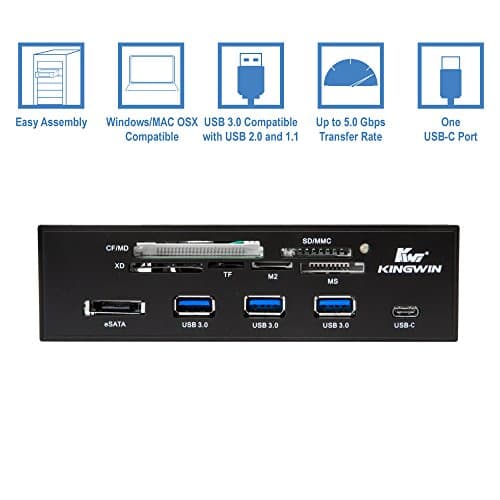 Kingwin Powered USB Hub 3.0 w/ 1 USB-C Port, SD Card Reader & Micro SD Card Reader - Sata Power Port w/Lightning Speed Data Transfer Up to 5Gbps - 5.25" Computer Case Front Bay, black (KW525-3U3CR)