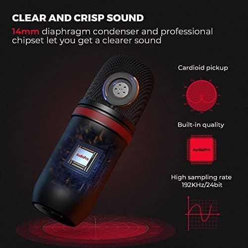 USB Microphone, Computer Condenser Gaming Mic for PC/Laptop/PS4/5, Headphone Output, Volume Control, USB Type C Plug and Play, LED Mute Button, for Streaming, Podcast, Studio Recording
