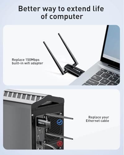 Wireless USB WiFi Adapter for PC - Nineplus 1300Mbps Dual 5Dbi Antennas 5G/2.4G WiFi Adapter for Desktop PC Laptop Windows11/10/8/7/Vista/XP, Wireless Adapters for Desktop Computer Network Adapters