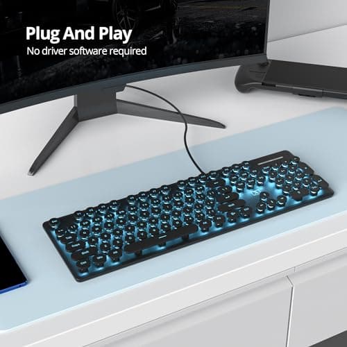 Wired Quiet Membrane Keyboard,Full Size 104-Keys Retro Punk Typewriter Blue LED Backlit ，USB Ultra Slim Gaming Keyboard with ABS Round keycaps for Windows/PC/Laptop (Black)
