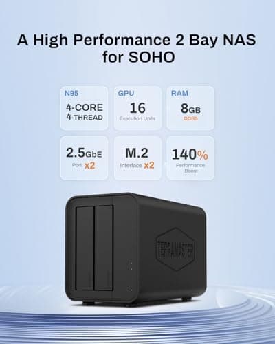 TERRAMASTER F2-424 NAS Storage 2Bay - N95 Quad-Core CPU, 8GB DDR5 RAM, 2.5GbE Port x 2, Network Attached Storage with High Performance (Diskless)