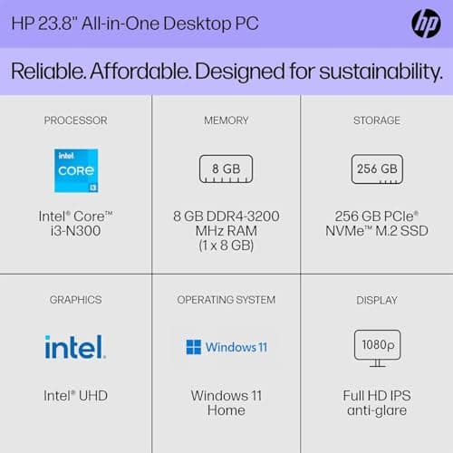 HP 23.8 inch All-in-One Desktop PC, FHD Display, Intel Core i3-N300, 8 GB RAM, 256 GB SSD, Intel UHD Graphics, Windows 11 Home, 24-cr0030 (2023), Shell White