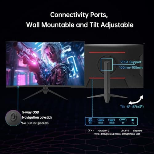 32 Inch FHD 1080p Curved Gaming Monitor - VA 1500R Curved Monitor, 165Hz 1ms MPRT, FreeSync & G-Sync, 122% sRGB, DP/HDMI, VESA, HDR10 for Gaming Home Office Business PC Monitor