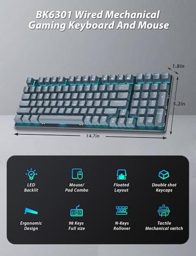 Mechanical Gaming Keyboard and Mouse, LED Backlit 98-Key Floating Keycap & 4 DPI RGB Gaming Mouse with Mouse Pad, Full Anti-Ghost Light Up Wired Computer Keyboards for MAC PC Gamer Accessories, Gray