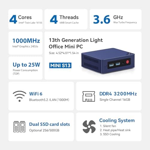 Beelink Mini PC, Mini S13 PRO Intel 13th N150(Up to 3.6GHz), 16GB DDR4 500GB SSD, Computer Support 4K Dual HDMI Display/WiFi6/BT5.2/USB3.2/WOL Home/Office