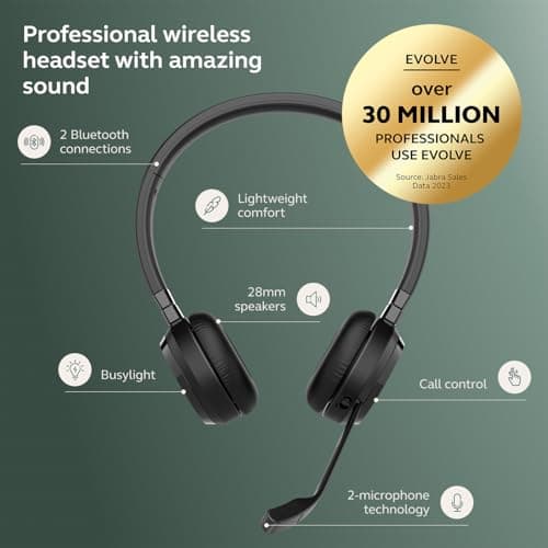 Jabra Evolve 65 TE (Third Edition) Wireless Dual-Ear Headphones - Noise-Canceling Mic, 16 hrs Battery Life, Dual Connectivity, MS Teams Certified, Supports Other Platforms, Black
