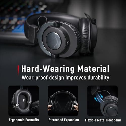 FIFINE Studio Monitor Headphones for Recording-Over Ear Wired Headphones for Podcast Monitoring, Streaming Comfortable Equipment with Detachable Cables 3.5mm or 6.35mm Jack, Black, on PC/Mixer-H8