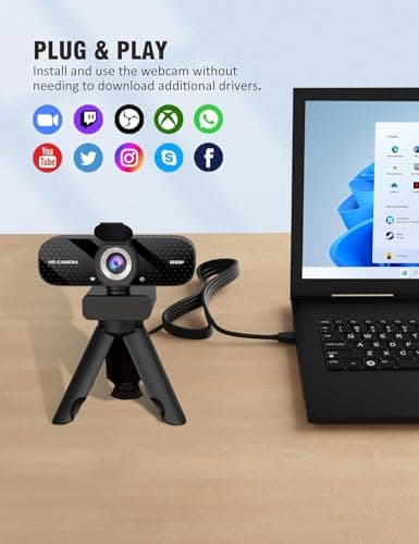 Full HD 1080P Webcam with Built-in Mic Wide Angle & Auto Focus Privacy Cover for PC/Laptop Plug & Play USB Camera Black